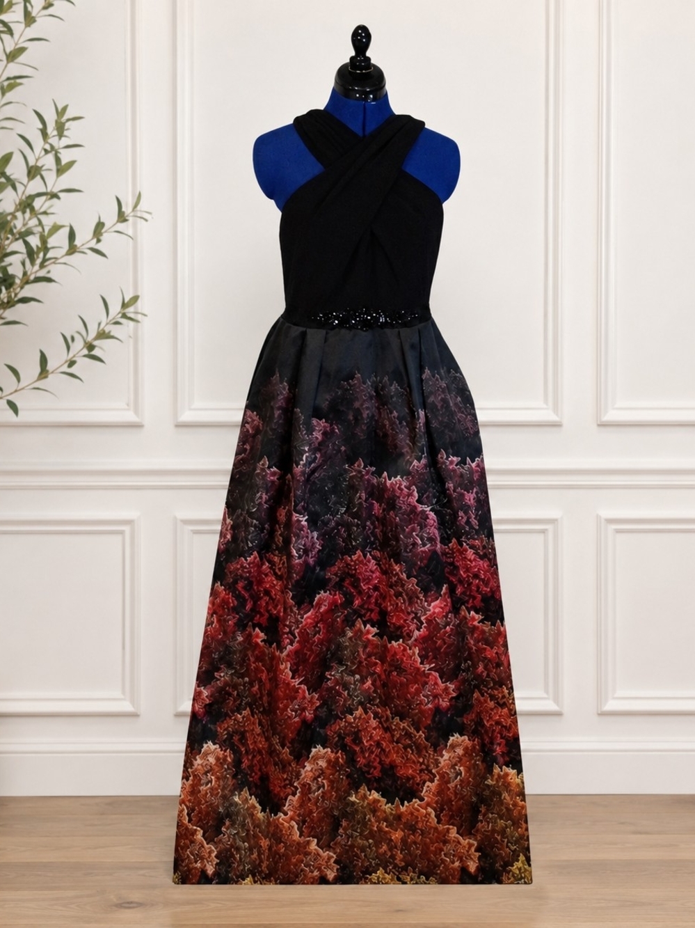 Adrianna Papell Black Halter Gown with Red and Brown Gradient Skirt